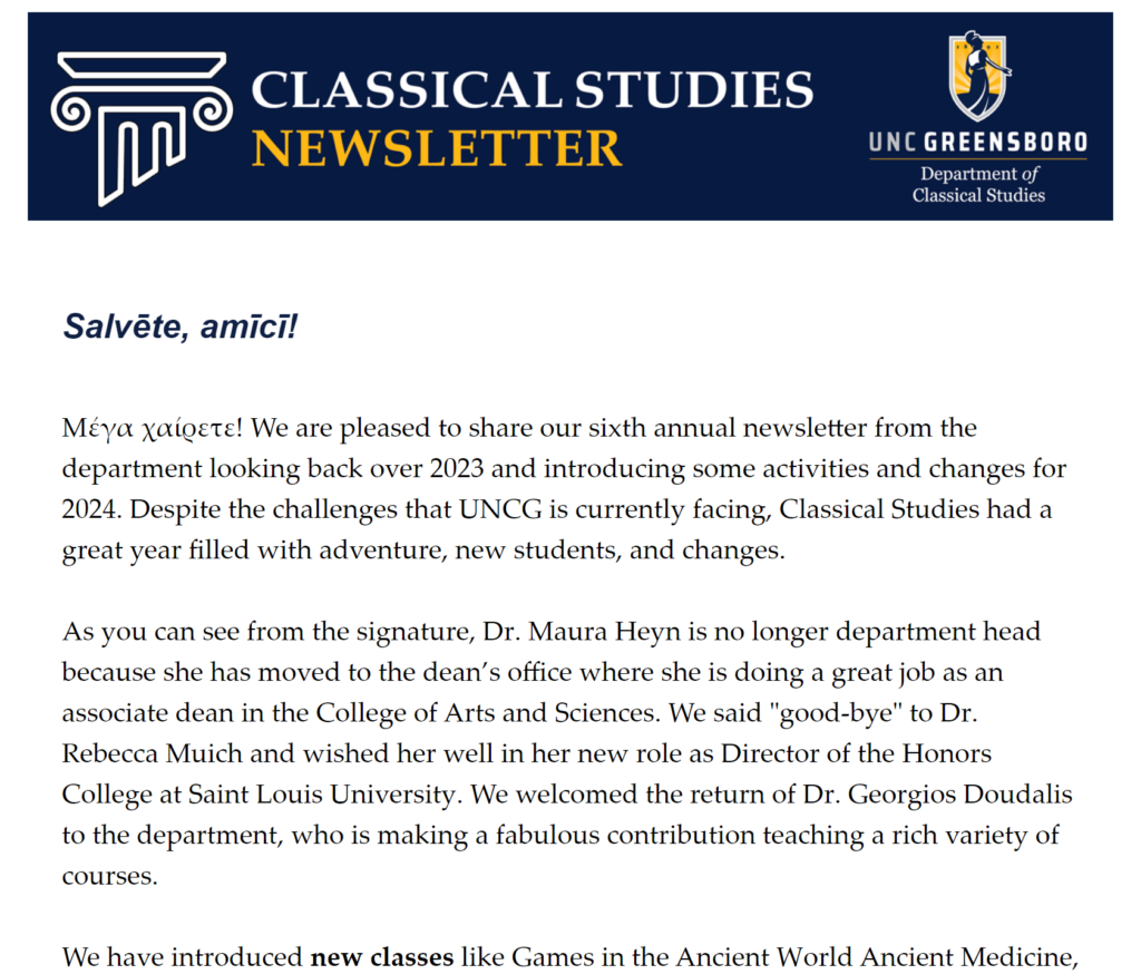 screenshot of classical studies email newsletter