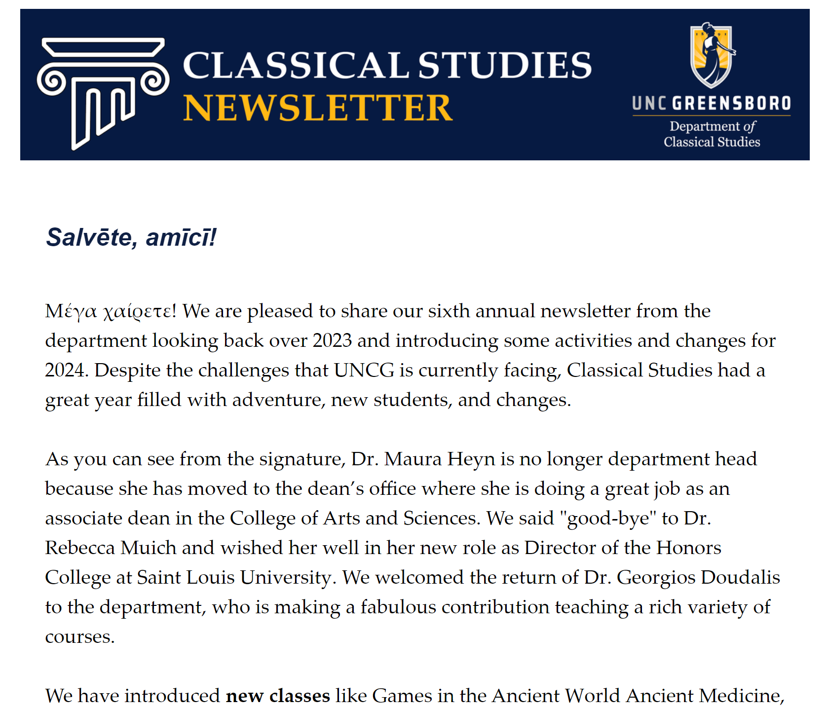 screenshot of classical studies email newsletter