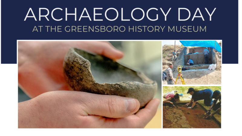 Archaeology ay poster showing artifacts and people excavating dig sites.