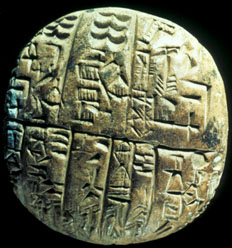 Short business transactions were recorded on small rounded tablets, with the same division into blocks as above. Indented circles (top) & semicircles (lower left) represent numbers based on a unit of 60.